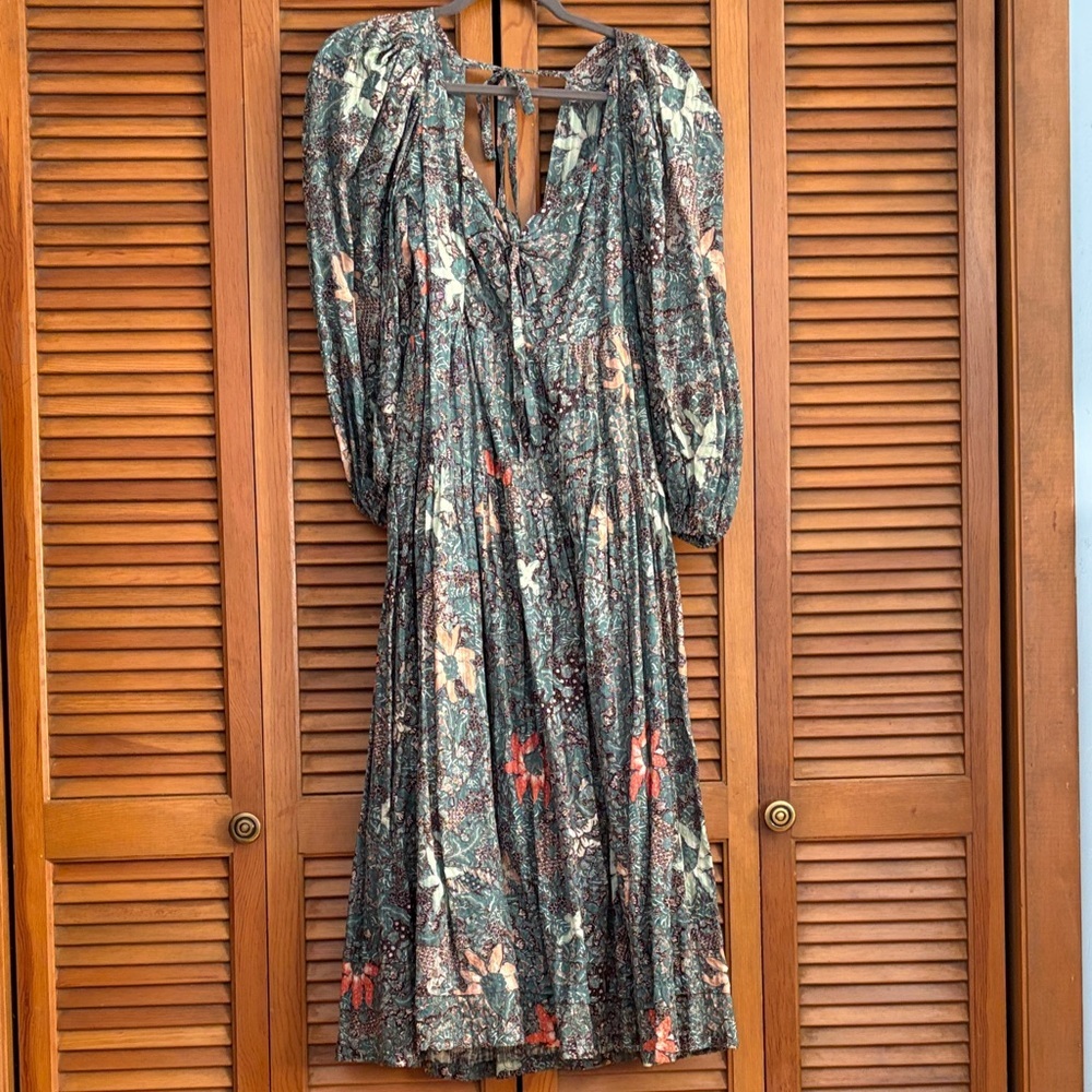 Ulla Johnson Forest Green Floral Midi Dress with Cream & Rust Accents